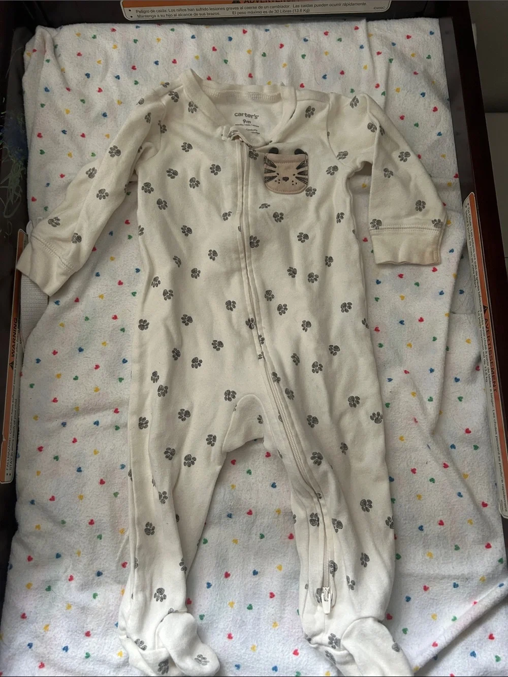 Carter's Cream Footed One-Piece with Gray Paw Prints and Kitty Patch